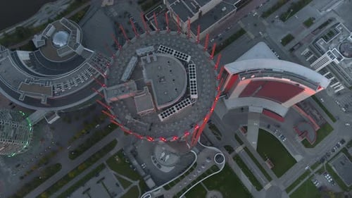 Top View of Round Roof of Skyscraper Stock Footage Roofs of Highrise Buildings and Modern Buildings