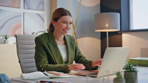 Happy Businesswoman Closing Laptop Ending Work Office Closeup Worker Relaxing