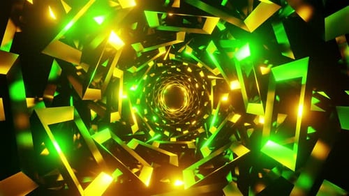 Endless tunnel of geometric shapes rotates with green and yellow flashes to a musical rhythm vj