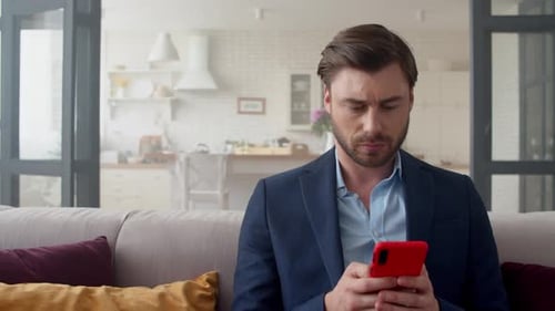Close Up Business Man Relaxing With Cell Phone At Home Office. Portrait Of Handsome Guy Chatting ...