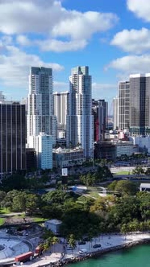 Aerial Drone View of Miami Coast and Downtown with Famous Landmarks of Florida USA Vertical Video