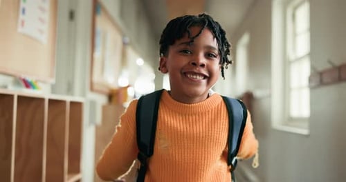 Face, student and child in school, dancing and celebration for good grades, moves or fun in hallway