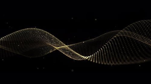 Goldene abstrakte Wellen 4K Luxus-Hintergrund. Eleganter glühender Partikelwellenfluss auf dunklem Hintergrund,
Mes