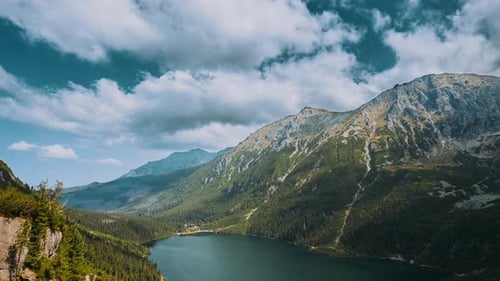 Hyperlapse Calm Lake Under Summer Mountains Landscape Beautiful Nature Scenic View Of Lakes Valley