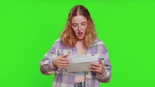 Happy Young Woman Open Envelope Take Out Letter Reads Bank Loan Approve Great News Award Win