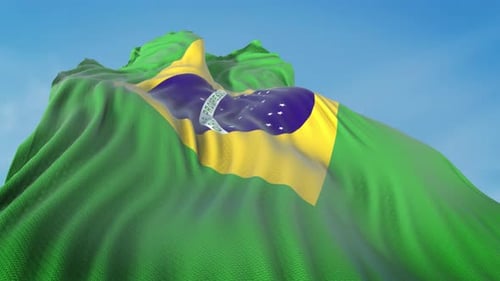Realistic Brazilian Flag Waving against Clear Blue Sky