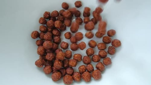 Crunchy Cereal Poured into White Bowl