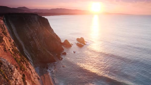 Asturias Coast. Sunset Over Cabo Busto Cliffs, Spain.