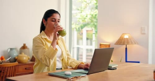 Home, green smoothie and woman with laptop, remote work and start day with connection