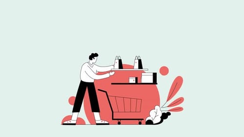 Flat Design Animation of Person Shopping with Cart