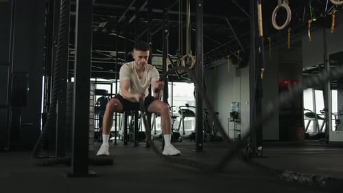 Man Does Battle Rope Workout at Modern Gym