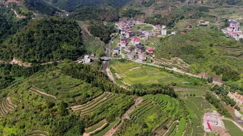 An Aerial View of Beautiful and Scenic Terraced Fields Alongside a Charming Village Landscape Media