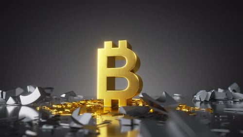Abstract financial background, gold bitcoin symbol falls down, broken obstacles fly apart