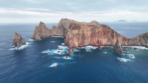 Aerial view of cliffs and ocean at ponta de sao lourenco, Portugal.