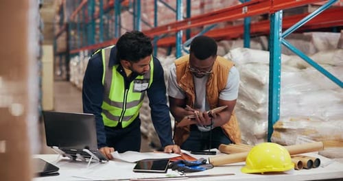 People, notebook and paperwork for shipping in warehouse with supply chain