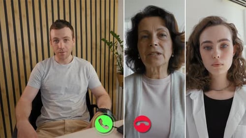 A Split Screen Showcases an Online Call with Three Participants