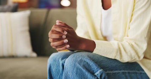 Hands, person and nervous with anxiety for counseling session with emotional tension in therapy
