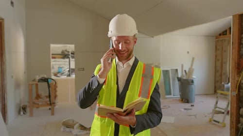 Builder Talks on Phone in Construction Site