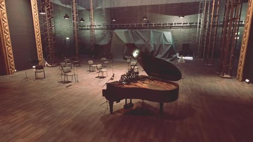 Grand Piano on Empty Stage in Concert Hall 3D Render