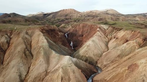 Landscape of Iceland, Aerial View of Glacial Creek and Waterfalls Between Volcanic Hills in Highland
