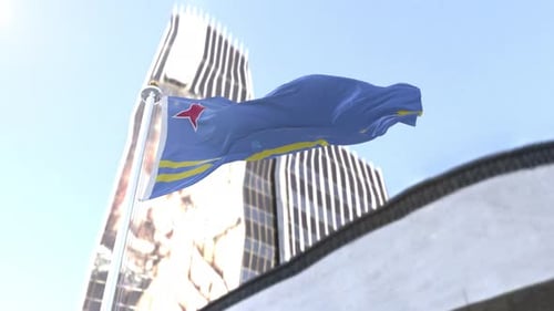 Waving Aruba Flag with Modern Buildings