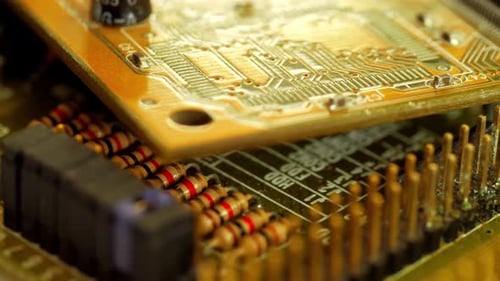 Vintage computer boards, video cards and sound cards close-up