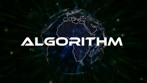 Conceito de texto algorítmico em fundo de partículas de ficção científica. Animação de partículas de pontos. Vd\_1611