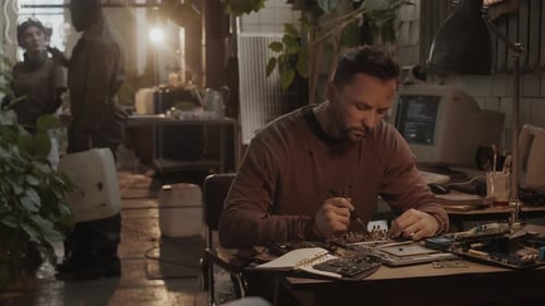 Survivors Fixing Electronics and Growing Plants in Post Apocalypse Shelter