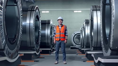 Full Body Of Asian Male Engineer Smiling To Camera In Metal Factory
