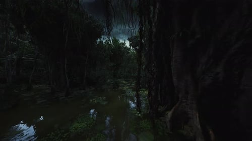 Ancien sanctuaire d'arbres Vieil arbre colossal aux racines submergées et à la canopée épaisse