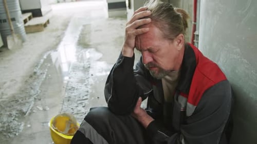 Exhausted Factory Worker Suffering from Headache