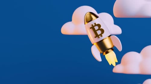 Bitcoin BTC bullish cryptocurrency in a rocket flying to the Moon and copy space, endless video