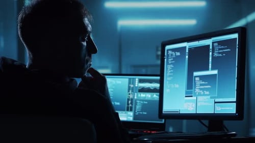 Man Working at Computers in Dark Futuristic Room