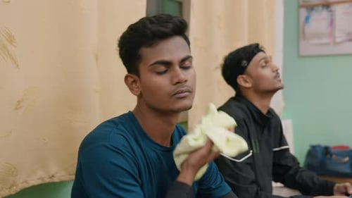 Tennis Players Resting Indoors Athlete Wiping Sweat With Towel
