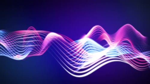 Abstrakte digitale Partikellinienwellenanimation mit buntem Farbverlauf auf schwarzem Hintergrund