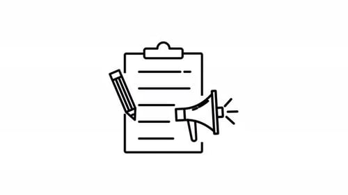 Animated clipboard with pencil and megaphone for announcement