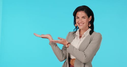 Portrait, business woman and hands to show choice or opportunity in studio mockup of placement