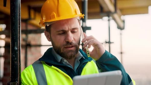 Building, phone call and tablet with man on construction site for communication