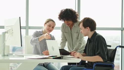 Teamwork Brainstorm Diverse Multiracial Colleagues Man in Chair for People with Disability Working