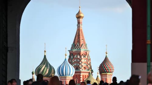 Saint Basil's Cathedral Onion Domes Framing View From Red Square Arch