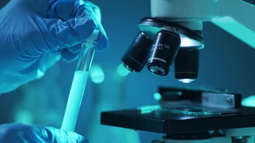 Closeup of Scientific Microscope Laboratory in Hospital Epidemic Disease Healthcare Vaccine Research