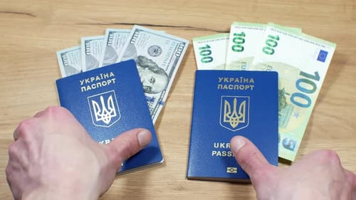 Ukrainian Passports with Dollars and Euros on Wood Table