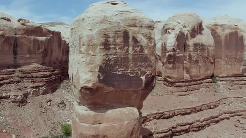 Red Sandstone Rock Formation In The Desert Town Of Bluff In Utah. Aerial Closeup