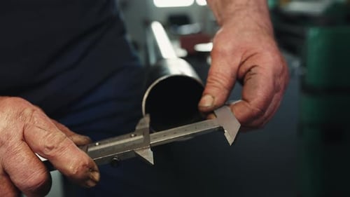 Hands of a professional craftsman use a caliper to measure the inner diameter of the propeller shaft