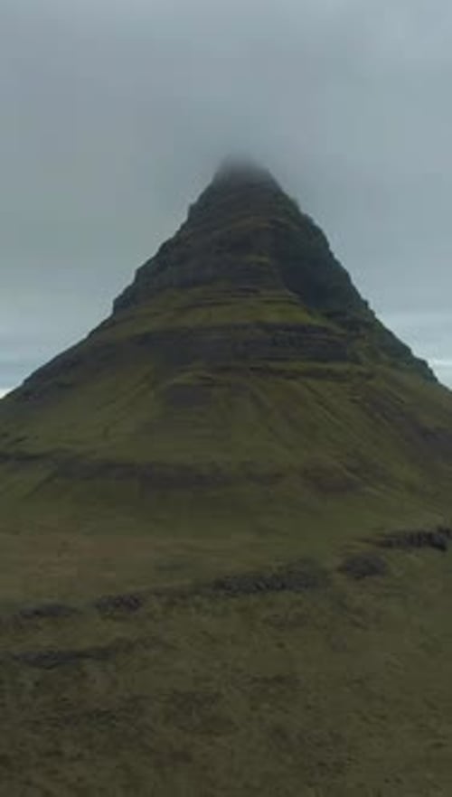 Kirkjufell Mountain and Sea in Summer Iceland Aerial View Vertical Video