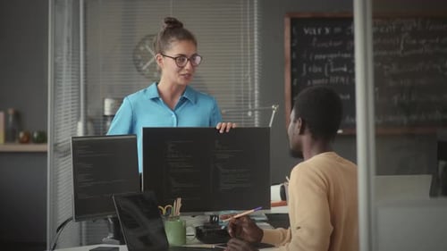 Female Manager Giving Job Task to Programmer during Office Workday