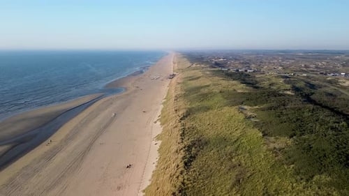 Aerial view of a beach where gentle waves meet the sandy shore. People are scattered across