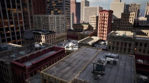 Un paisaje urbano vibrante que muestra edificios en medio del horizonte de la ciudad al atardecer