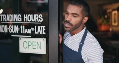 Man, worried business owner and restaurant with closed sign, search or check at startup