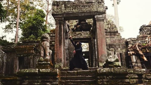 Masked Figure Practice Swordplay in Ancient Temple